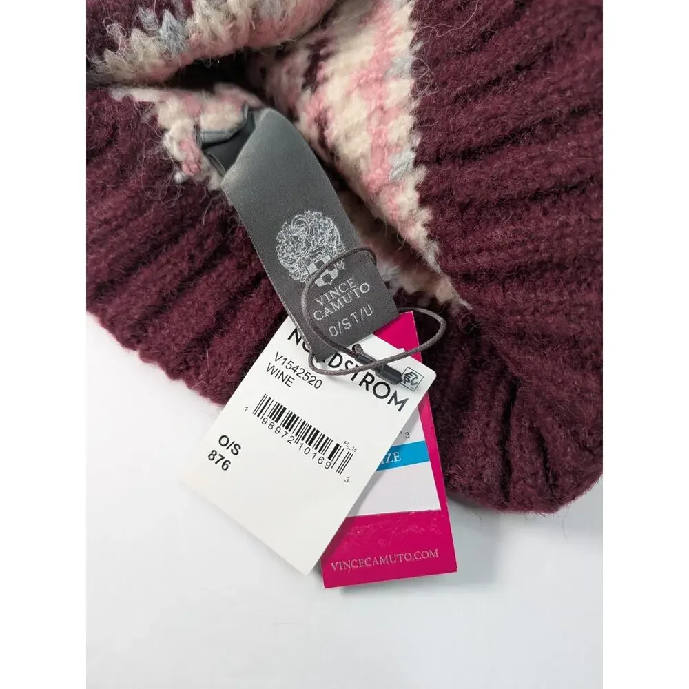 Vince Camuto Knit Brushed Fair Isle Beanie Color Wine‎ Winter Cold Weather Hat